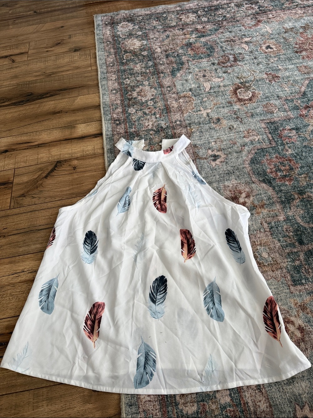 SHEIN White Halter Camisole with Blue and Rust Feather Print